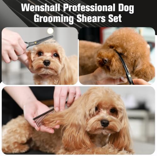 Wenshall Professional Dog Grooming Scissors Set, 7.0 Inch Titanium Straight & Thinning & Curved scissors and Comb for Dog grooming (Black)