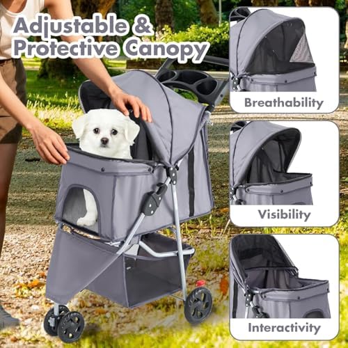 3 Wheels Pet Stroller,Storage Basket and Cup Holder, Breathable Mesh, Waterproof and Foldable for Small/Medium Dogs and Cats Strollers, Lightweight Travel Carrier for Daily Walks & Outdoor，Grey