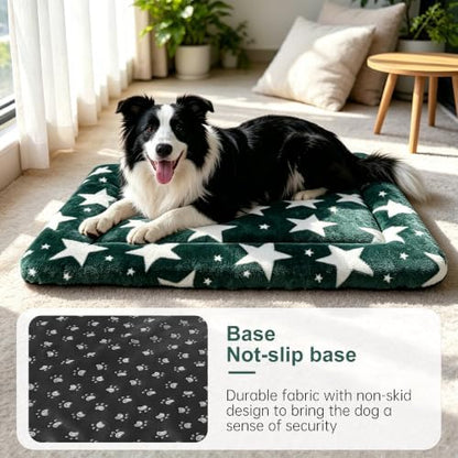 Dog Bed Mat, Reversible Crate Pad & Cute Dog Bed - Machine Washable Kennel Mat with Ultra Soft (Big&Small Stars Green, 30" L*20" W*1.5" Th)