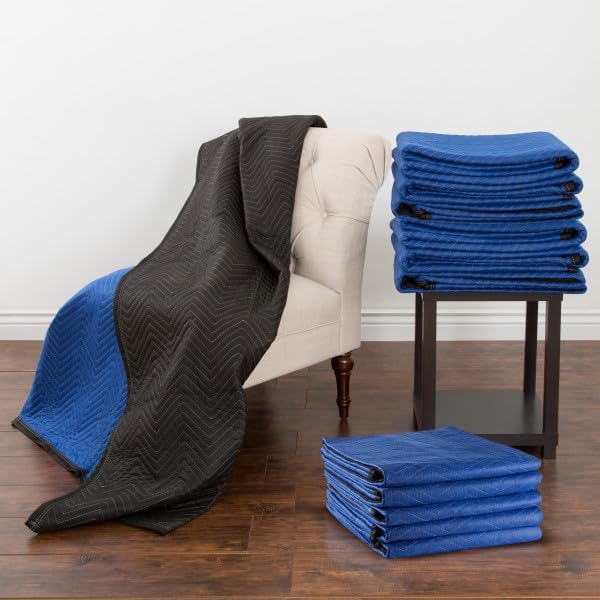 Moving Blankets - Set of 12 Dual-layer Padded Blankets - 80x73-Inch Oversized Quilts for Storage, Shipping, and Sound Deadening by Stalwart (Blue)