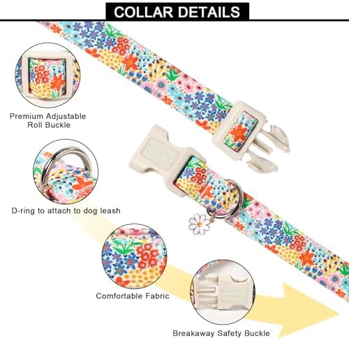 Lionet Paws Floral Dog Collar Summer Wildflowers Cosmos Corn Poppy Collars with White Daisies Pattern Pendant - Female Girl Dog Collar for Small Medium Dogs XS