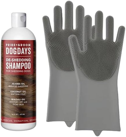Pride and Groom DogDays De-Shedding The Scrub Kit - Natural Dog Shampoo with Silicone Scrubber Gloves for Detangling, Shedding Control, Coat Massage, Clean Ingredients, and Gentle Pet Grooming Care