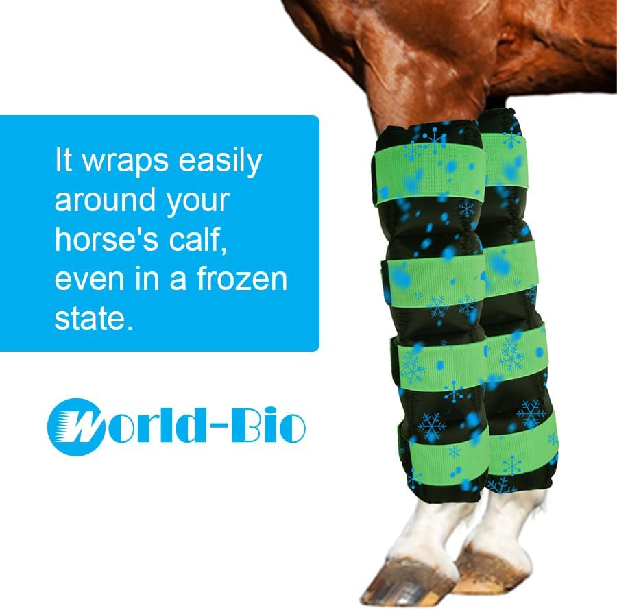 WORLD-BIO Horse Ice Boots Set of 2 /Horse Ice Pack for Injuries, Therapy Full Leg Ice Boot Cold Pack with Flexible Straps for Hock, Ankle, Knee, Legs and Hooves, 16.9'' x 16.1'' Green