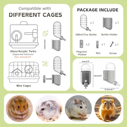 Hamster Water Bottle with Magnetic Stents, Water Bottle Holder for Glass Tanks, Suitable for Syrian Dwarf Hamsters Gerbils Mice Rats Degus (Grey, 7 oz (Magnetic-Mounted))