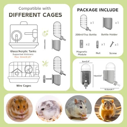 Hamster Water Bottle with Magnetic Stents, Water Bottle Holder for Glass Tanks, Suitable for Syrian Dwarf Hamsters Gerbils Mice Rats Degus (Grey, 7 oz (Magnetic-Mounted))