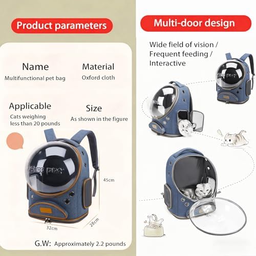Cat Backpack Carrier, Breathable Cat Carrier Large Space Bubble Pet Backpack for Small Dog and Large cat up to 18lbs, Transparent & Foldable Pet Carrier for Travel Hiking (Blue)