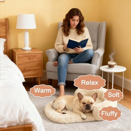 Orthopedic Dog Bed with Egg-Crate Base, Calming Dog & Cat Beds Long Plush with Raised Edges, Spine Friendly Pet Sleeping Mat for Small Medium Dogs, Machine Washable (Oval, Beige 26"x20")