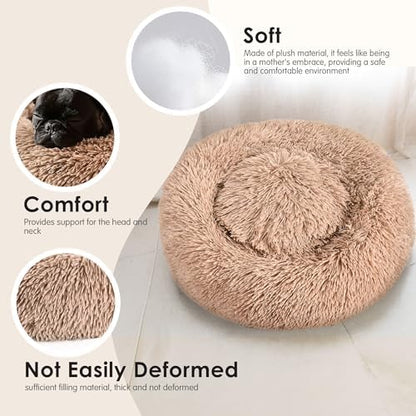 Hoewina Dog & Cat Bed for Indoor Cats, 20in Calming Donut Bed (Camel)