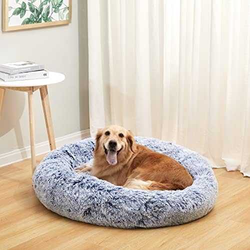 Bedfolks Calming Fluffy Donut Dog Bed for Large Dogs,Navy Blue, 36" Round