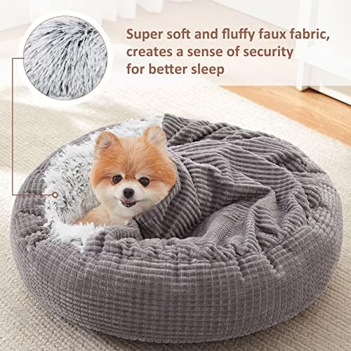 MIXJOY Dog Bed with Blanket, Round Calming Cozy Cave for Medium Dogs, Soft Plush Cuddler Puppy Bed and Burrow Cave, Anti-Slip Bottom, 26inch