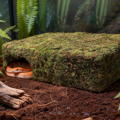 Yellow Mossy Cave Hide for Reptiles, Lizard Gecko Snake Shelter Hut