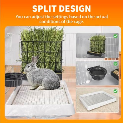 BESNEW 3 in 1 Rabbit Hay Feeder with Litter Box,Upgraded Metal Hay Rack & Litter Tray & Water Bowl,Quick Cleaning,Easy to Install,Bunny Supplies for Rabbit Guinea Pig Chinchilla Small Animals
