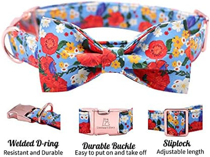 Lionheart glory Floral Print Dog Collar Adjustable Soft Dog Collar with Bowtie, Girl Pet Collars for X-Small Small Medium Large Dogs