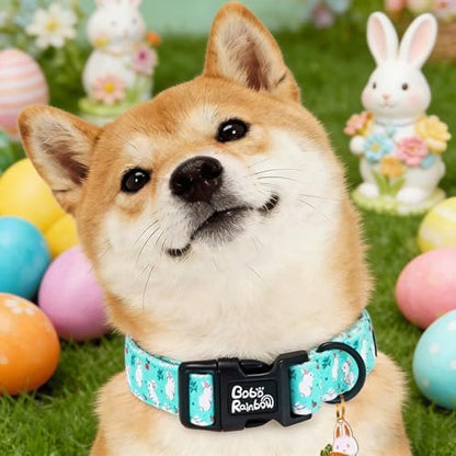 Dog Collars, Easter White Rabbit Print Blue Pet Collar Holiday Cute Durable Adjustable Pendant Gift Collar with Quick Release Plastic Buckle for Large Dogs