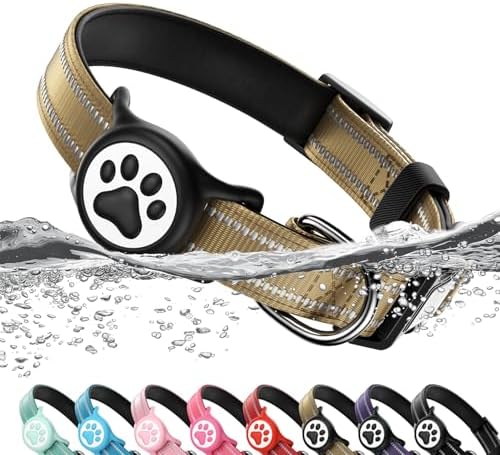Premium Airtag Dog Collar，with IP68 Waterproof AirTag Holder,Brown,L