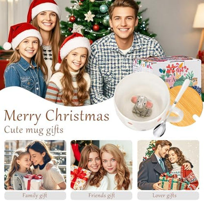 White Elephant Gifts for Women Cute Elephant Mug with 3D elephant Inside Kawaii Ceramic Coffee Mug Tea Cup with Lid Spoon Friendship Birthday Christmas Gifts for Women Men Sisters Friend Coworkers