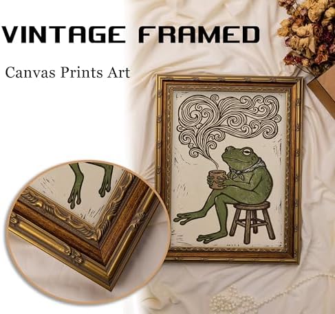 Vintage Gold Framed Frog Wall Art, Funny Frog Drinking Coffee Canvas Print, Whimsical Animal Wall Decor, Cottagecore Picture Poster, Rustic Farmhouse Artwork for Nursery Bedroom Living Room