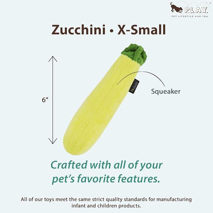 P.L.A.Y. Cute Plush Dog Toys - Fruit & Vegetable Themed Durable Squeaker Chew Toy, Great for Puppies & Small, Medium, Large Dogs - Machine Washable, Recycled Materials (Garden Fresh Zucchini, X-Small)