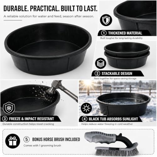 5 Pcs 3 Gallon Rubber Feed Pan with Cleaning Brush for Animals