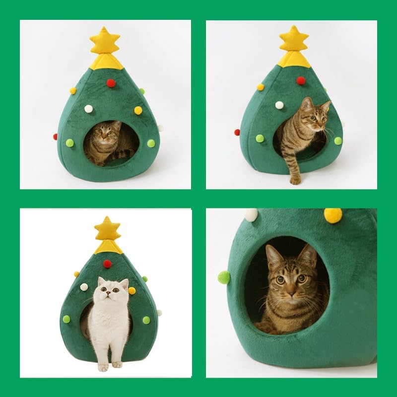 Christmas Cat Beds, Christmas Tree Cat Beds House, Portable Indoor Cat Igloo Xmas Bed Cave for Small Dogs and Small Animals, Green