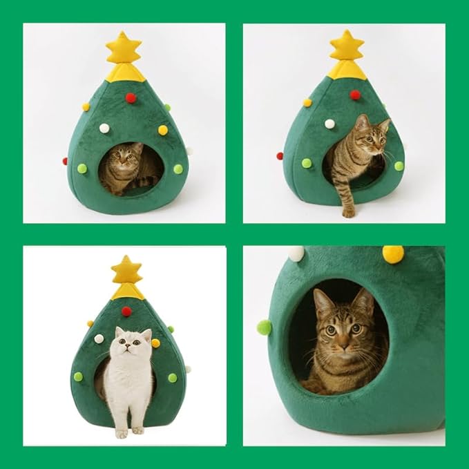Christmas Cat Beds, Christmas Tree Cat Beds House, Portable Indoor Cat Igloo Xmas Bed Cave for Small Dogs and Small Animals, Green