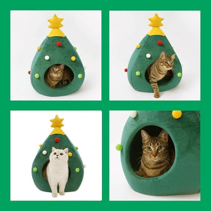 Christmas Cat Beds, Christmas Tree Cat Beds House, Portable Indoor Cat Igloo Xmas Bed Cave for Small Dogs and Small Animals, Green