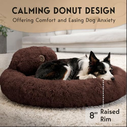 PetJett Dog Beds Large Sized Dog - 36'' Calming Round Bed, Anti-Slip & Washable Super Soft Donut Bed, Fluffy Faux Fur Anti-Anxiety Premium Comfort Pet Bed, Fits Dogs up to 80 lbs - Brown