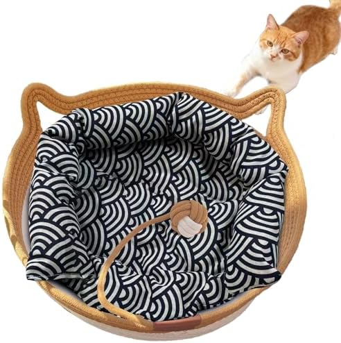 Instinct Basket, Stimuli Handwoven cat Basket Rope Cotton with Cushion, Eliminates Bed Rejection Round Pet Basket, Boho Catbed for Cats Handwoven Scratchable Breathable Weave (Small-B)