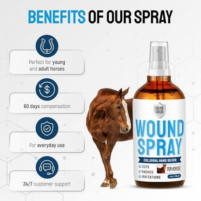 Horse Wound Care Spray with Silver – for Insect & Fly Bites, Hot Spots, Scratches & Itchy Skin – Supports Quick Healing of Cuts, Abrasions & Rain Rot Treatment for Horses – Equine Healing Aid – 4 Oz