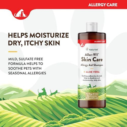 NaturVet Aller-911 Skin Care Allergy Aid Pet Shampoo with Aloe Vera – Pet Health Supplement Shampoo & Grooming Aid for Dermatitis, Dog Skin Allergies, Itching, Hot Spots, Cat Rashes – 16 Oz.