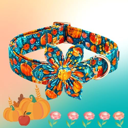 Elegant little tail Fall Dog Collar, Halloween Pet Collars with Flower Cute Pumpkin Print Puppy Collar Female or Male Cotton Adjustable Collars for Small Medium Large Dogs