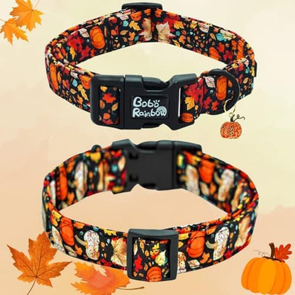 Dog Collar-Fall Leaf Pumpkin Print Adjustable Pet Collar Holiday Comfortable Puppy Collars Cute Sturdy Lightweight Quick-Release Buckle Collars for Small Dogs