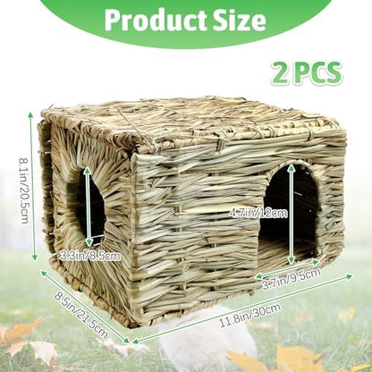 Tfwadmx 2 Pack Rabbit Grass House - Natural Hand Woven Seagrass Play Hay Bed, Collapsible Hideaway Hut Toy for Bunny Hamster Guinea Pig Chinchilla Ferret