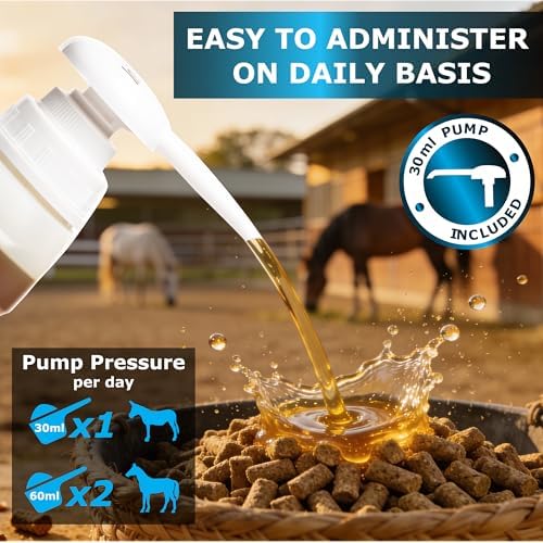 Equine & Horse Oil Supplement 3 Natural Oils Flaxseed Sunflower Carrot Omega 3 6 9 Vitamin E Silky Coat & Hoof Digestion Facilitator Joint Health Cardiovascular System Benefits-Pump Included