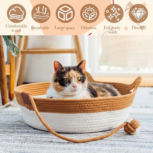 Novabright 2 Pack Woven Cat Baskets, 16.5 x 13.8 x 5.5 Inch, Caramel