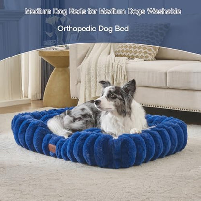 Luxury Dog Beds,Large Sized Dog Washable Furry Pet Beds,Comfort Rectangle Pet Sofa Couch with Ultra,Puppy Beds with Removable Zipper Cover,30x25x7.5inches,Navy Blue