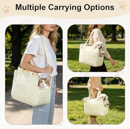 YooxArmor Dog Purse Carrier for Small Dogs & Cats, Foldable Soft Tote for 5-14lbs Pets, Large Pockets, Safety Leash & Removable Mat for Walking Shopping Outdoor, White