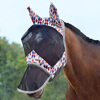 Harrison Howard LumiVista Horse Fly Mask Long Nose with Ears UV Protection for Horse Tribal Rhombus M Cob