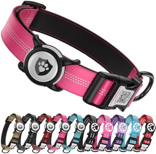 Waterproof AirTag Dog Collar with QR Code Dog Tag, Rose Red L