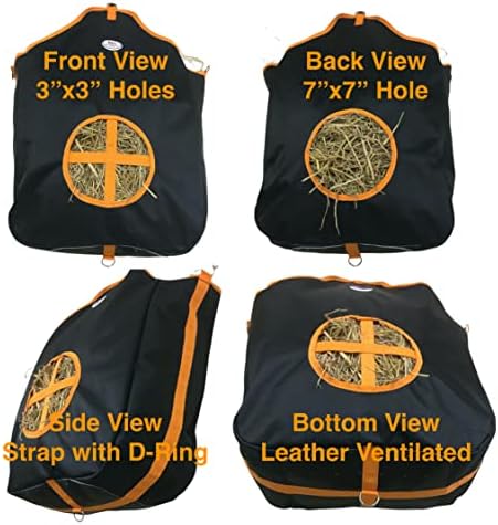 Majestic Ally Nylon Hay Feeder Tote Bag for Horse, Goat, Sheep - Double Sides Open Feed Hole with Faux Leather Ventilated Bottom- Premium Quality -Simulates Grazing - Reduces Waste (Black)