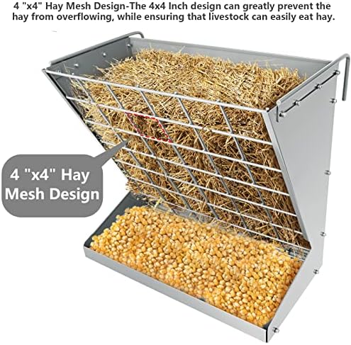 Wall Mount Hay Rack, Metal 2 in 1 Hay and Grain Feeder