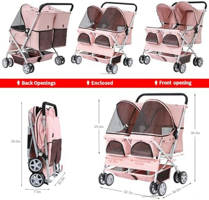 Double Pet Stroller for 2 Small Dogs & Cats, Side-by-Side Twin Travel Carriage with Safety Leashes, Mesh Windows & Double Storage Baskets, Lightweight & Foldable, 44lbs Capacity, Pink