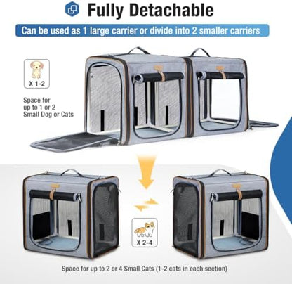 Lekereise Large Cat Carrier for 2 Cats, 2-in-1 Cat Travel Carrier with Litter Box, (17.7" x2) x16.5"x13" Pet Carrier with Zipper Locks for Moving Across The Country (No Hammock) - Grey