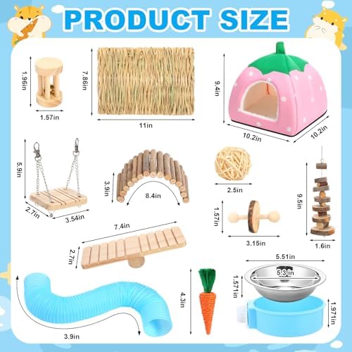Youyole 13 Pcs Guinea Pig Starter Kit Hamster Toys Bed Guinea Pig Cage Accessories with Tunnel Grass Mats Pet Food Bowl for Christmas Chinchillas Hedgehogs Ferrets Rabbit Hideout Essentials(Pink)