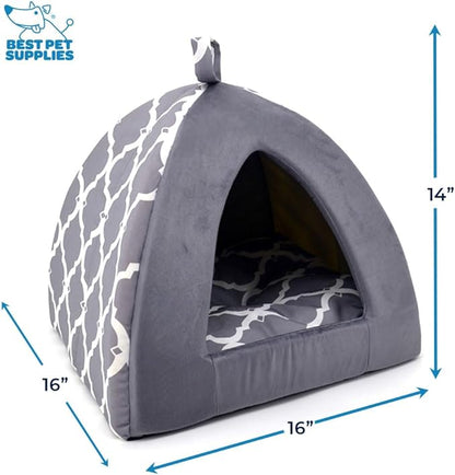 Best Pet Supplies Cat Bed for Indoor Cat, Domed Tent House with Removable Pillow, Covered Cat Cave for Small Dog, Puppies and All Breeds of Cats - Gray Lattice, 19 x 19 x H:19"