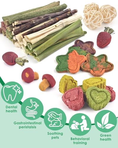 ERKOON 53 Bunny Chew Toys for Rabbits Teeth, Natural Rabbit Toys Apple Wood Sticks, Carrot, Timothy Grass for Small Pets, Hamster, Chinchilla, Guinea Pig Dental Care and Treat Teething(53)
