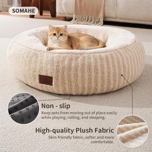SOMAHE Donut Cat Bed, 25.6" Deep Bolster, Moon Velvet & Sherpa, Apricot