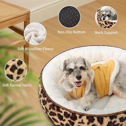 Zerbuger 23in Leopard Round Dog Bed Sofa for Dogs Cats, Machine Washable