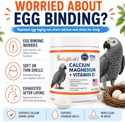 UnRuffledRx™ Bird Calcium Plus with Magnesium and D3, Dissolves Clear and Tasteless in Water, Supports Bone, Muscle, Feather and Egg Health, 45 Servings, Made in FDA-Registered USA Facility