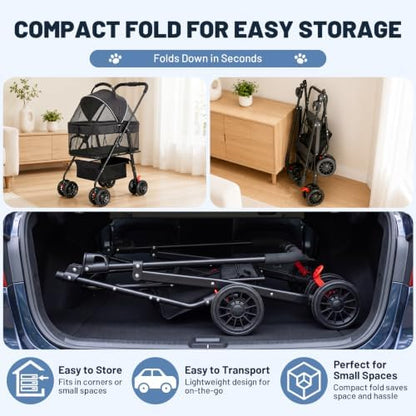 Dog Stroller for Small Dogs, Foldable Pet Stroller up to 35 lb, Panoramic Mesh Pet Cat Stroller with Detachable Carrier, with Safety Tether, Puppy Doggie Stroller for Medium Dogs 20 lbs, Light Black